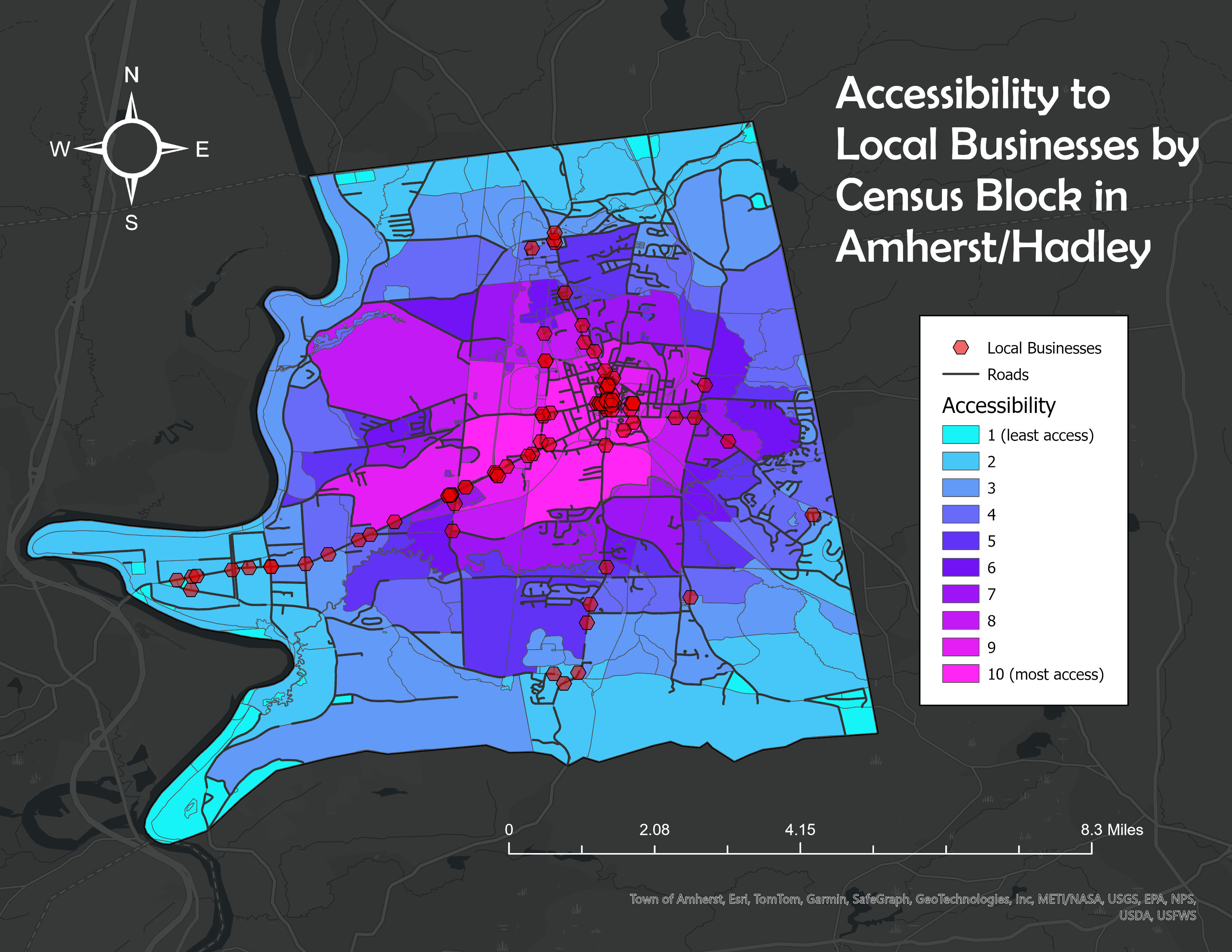 Map of accessibility to businesses in Amherst and Hadley